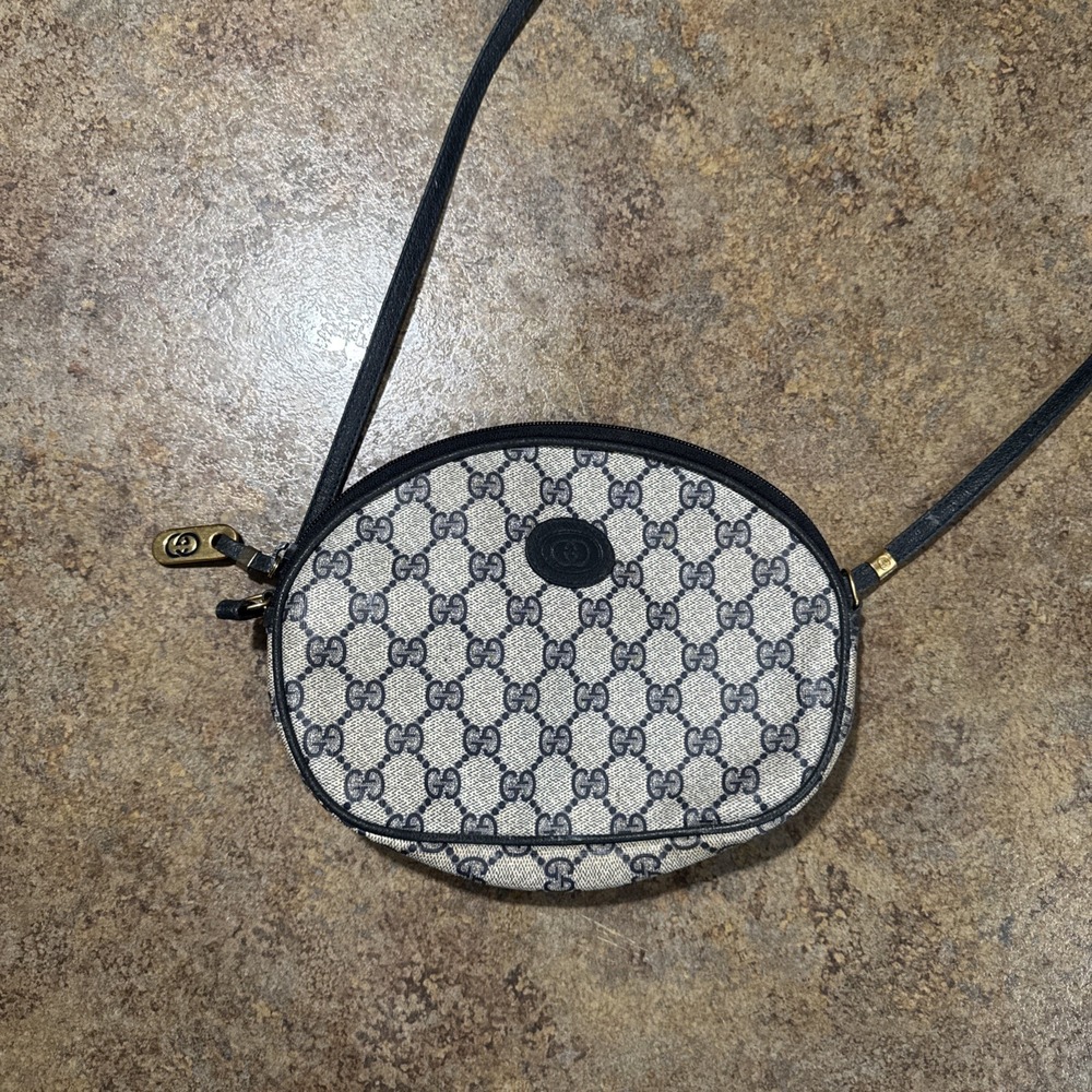 Gucci GG Monogram Small Crossbody Bag blue Zip Gold Hardware.